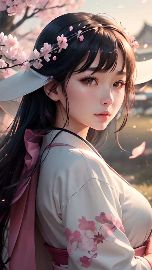 (A logo、masterpiece、8K、masutepiece、Raw photo、Fantastic、Best Quality、Photorealistic、extremely detailed CG unified 8k wallpaper、hightquality、ighly detailed、epic poem、Particle effect、Dynamic effects、depth of fields、Cinematic Light、Lens Flare、Ray tracing)、Fantasia、 (1 beautiful woman in a white coat、robe blanche、Japanese dress、A dark-haired、Beautiful face、Real Face、Beautiful detail eyes、Beautiful skin、)、Pink cherry blossom tree、Petals flutter、Sakura blizzard、Superb view、morning glow、Sun in the background、the wind、Deities、tusk、myth、Vast Land、