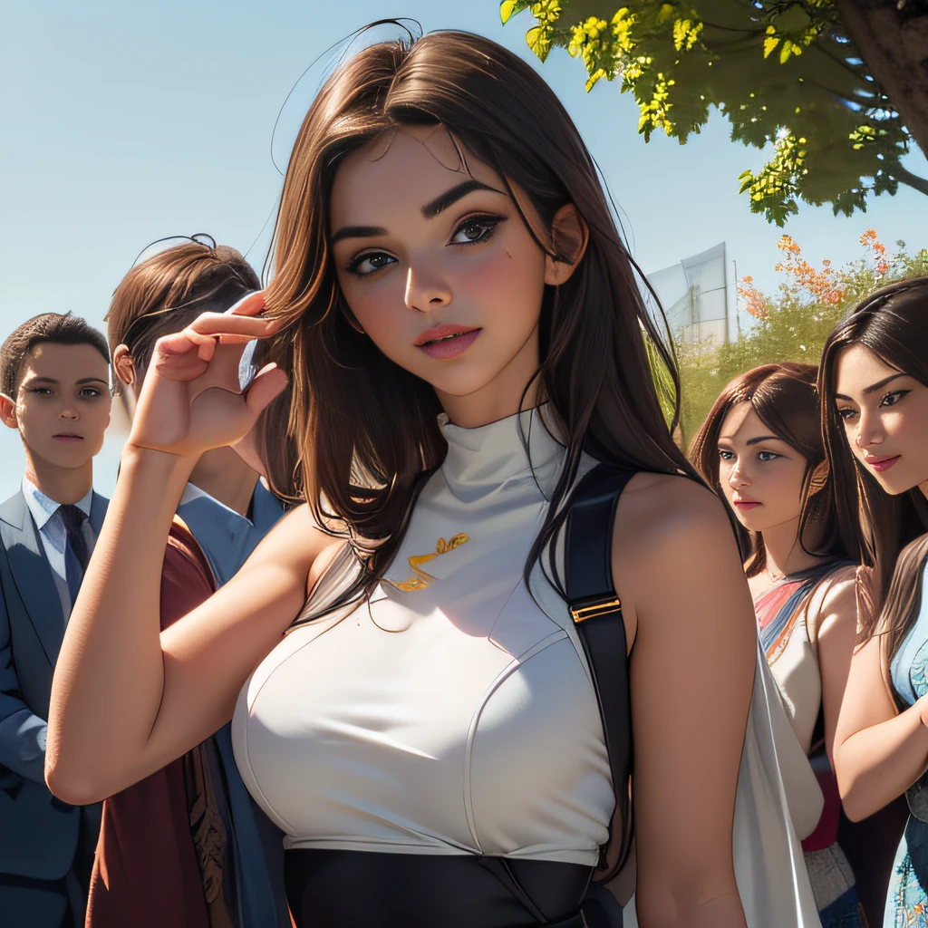 (Extremely detailed 8k wallpaper), (sfw:2), (photo:2), (soigne Beautiful girl:2), (gives a lecture to friends:2), detailed (Face and eyes), (hyper realistic:1), (highly detailed:1), (epic realistic:1), rim light, (maximum details:1), cozy, (fullbody:1), (looking at viewer:2), (Woman's Attractive Qualities:2), (Attractive Woman:2), (Attractive:2), Smile, Intelligence, Empathy, Gracefulness, Sense of Style, Fitness, Grooming, Optimism, (Sensitivity:2), Sincerity, Romantic Gestures, Playfulness, Fashion Sense, (Sensuality:2), Charm, Modesty, Thoughtfulness, (Femininity:1), Flirtatiousness, Warmth, (Physical attractiveness:2), A beautiful smile, A love of life, strength and power, vulnerability, curiosity, wonder, love, (nature background:2), kawaii, waifu, Beautiful breasts, (attractive body:2), (Beautiful body:2), Beautiful pose, attractive pose, (spread legs:1.0), hot pose, provocative pose, (demi-season clothes:1), (sexy black clothes:1), (classic clothes:2), (elegant clothes:2), (European clothes:2), (turtleneck:1)
