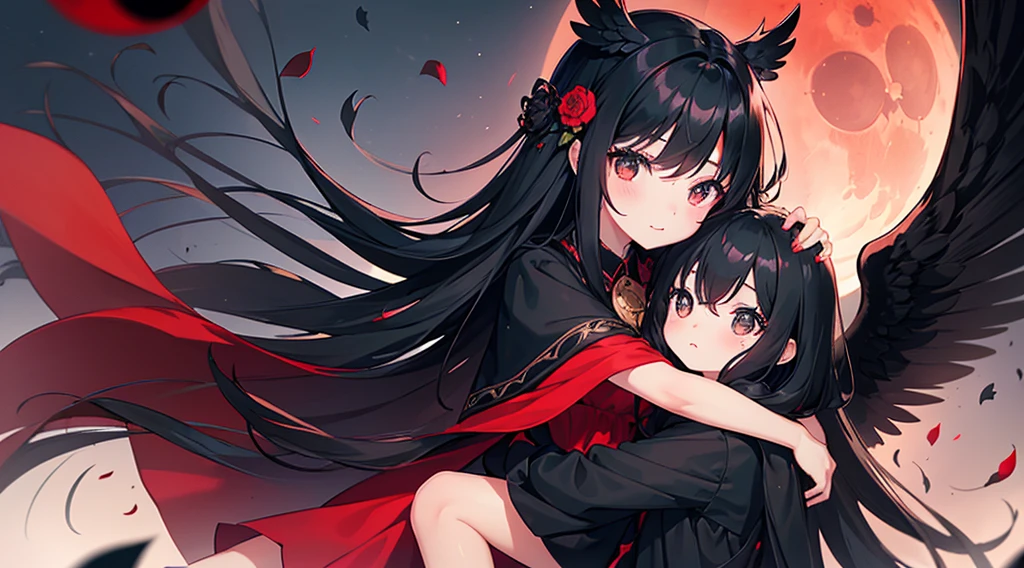 (girl and little girl, black hair, long hair, black eyes, black dress, black wings, cute, kawaii), (red moon, black flower field, hug)