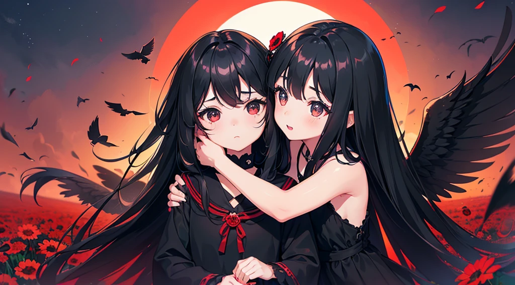 (girl and  girl, black hair, long hair, black eyes, black dress, black wings, cute, kawaii), (red moon, black flower field, hug)