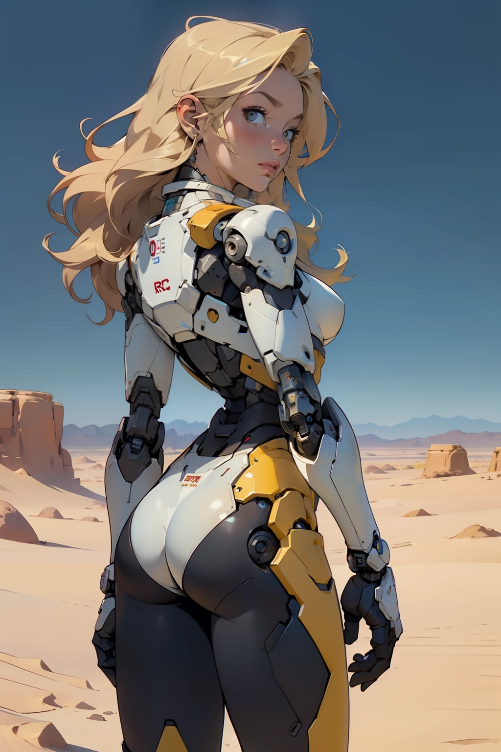 high quality, 4k, masterpiece, beautiful, cyborg girl, cowboy shot, dull eyes, back side, turning around to look at viewer, long blonde hair, girl, small breasts, fit thigh, robotic arms, robotic body, cyborg body, yellow accent, red accent, intricate detail, joint, detailed lines, robotic detail, holding fist up, holding hand up as fist, color robotic parts, robotic parts with color, perfect fingers, on a desert planet, sunny background, colorful desert,