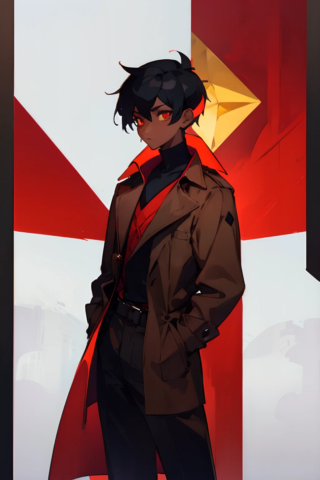 minimalist, less details,character design, 1boy, black hair, cute style,modern,stylish , red trench coat,yellow diamond eyes,(dark skin:1.2),((red and black color theme)),stylized art,