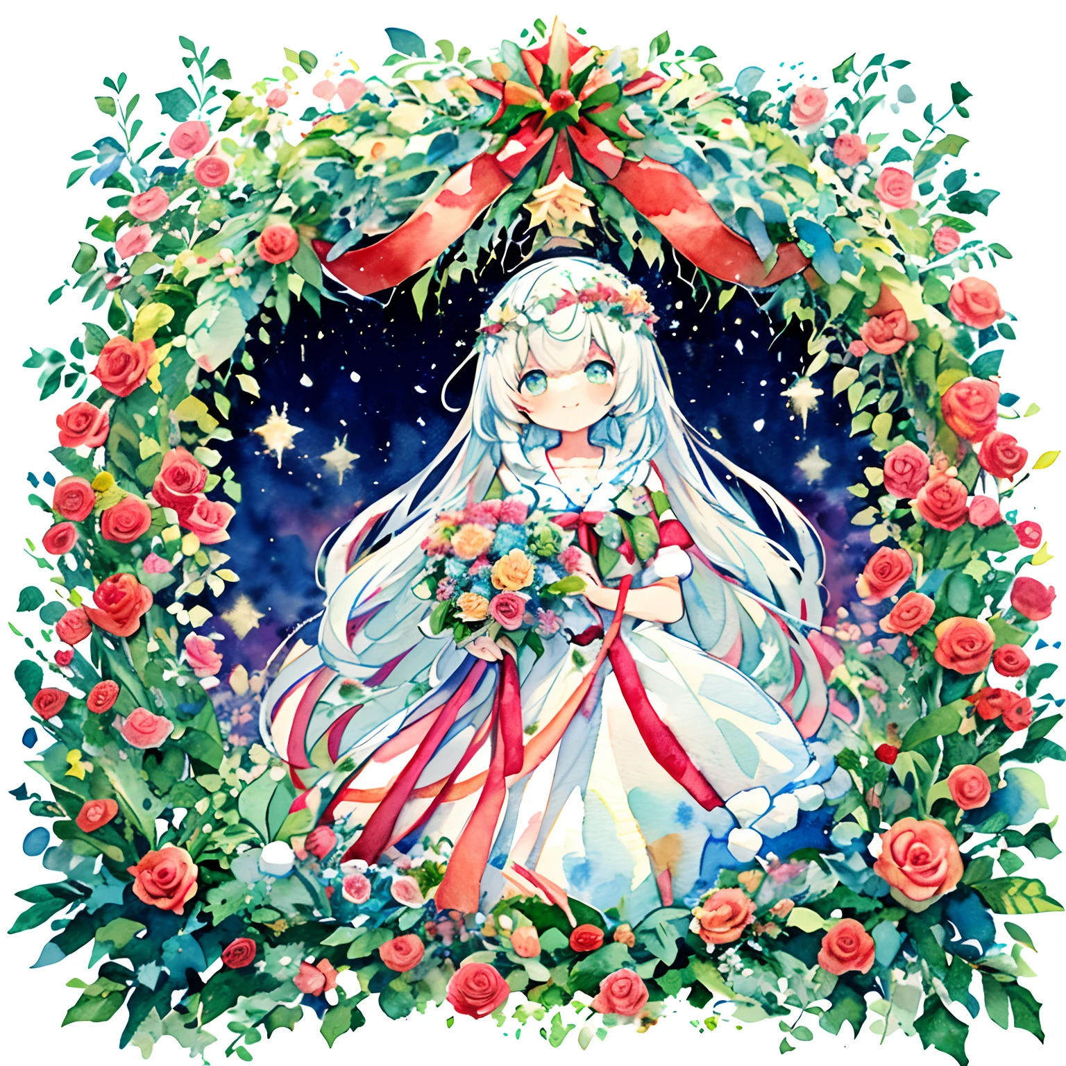 1girl in、（Wear red and green fairy wings：1.5）、masutepiece, Best Quality, Extremely detailed, Anime, Christmas Colors、Holly、Flower Arrangement Wreath Background、A smile、、 Dress, knee sox, Lace, Christmas Colors：1.1、Holly、Flower Arrangement Wreath Background、A smile、(PastelColors:1.2)、(Cute illustration:1.2)、(watercolor paiting:1.2)、with a large bouquet：1.1、from left