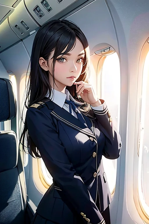 Top Quality, Masterpiece, 8K, Ultra High Definition, (Photorealistic: 1.4), 1 Girl, Beautiful Face, Symmetrical Eyes, Big, Perfect Body Proportions, Stewardess Uniform, Viewer's Look, (Inside the Airplane: 1.2), Front View, Shoulder Jump, Absolute Area (1.3),