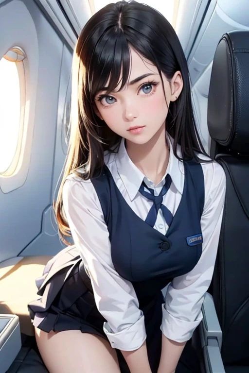 Top Quality, Masterpiece, 8K, Ultra High Definition, (Photorealistic: 1.4), 1 Girl, Beautiful Face, Symmetrical Eyes, Big, Perfect Body Proportions, Stewardess Uniform, Viewer's Look, (Inside the Airplane: 1.2), Front View, Shoulder Jump, Absolute Area (1.3),