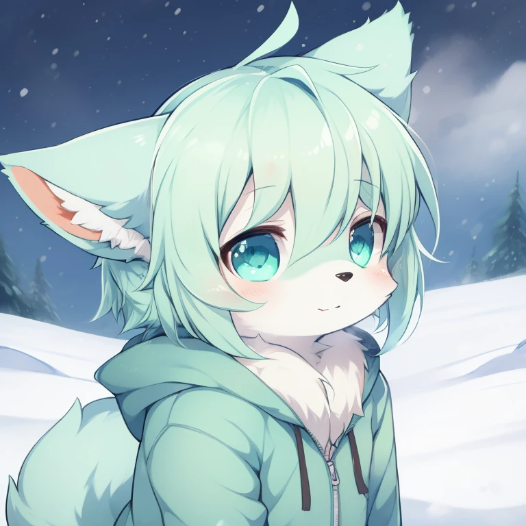 Furry art,(anthro,Fluffy fur,Character focus:1.1),by Dagasi, Yupa,Kiyosan，solo person, generic furry style,SF version，（Mint green fur，blue color eyes），professional furry drawing，snowfield，Snowy weather