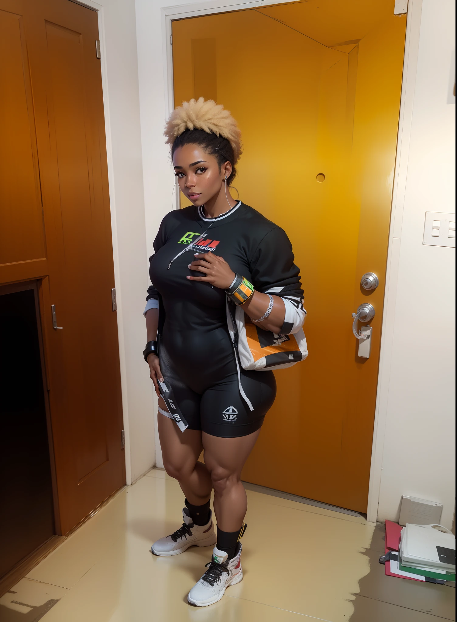 ((Best quality)), ((masterpiece)), (detailed: 1.4), 3D, an image of a beautiful cyberpunk female with very muscular body, HDR (High Dynamic Range), Ray Tracing, NVIDIA RTX, Super-Resolution, Unreal 5, Subsurface Scattering, PBR Texturing, Post-processing, Anisotropic filtering, Depth of field, Maximum clarity and sharpness, Multilayer textures, Albedo and specular maps, Surface shading, Accurate simulation of light-material interaction, Perfect Proportions, Octane Render, Two-Tone Lighting, Wide Aperture, Low ISO, White Balance, Rule of Thirds, 8K RAW, CircuitBoardAI, Real Photo of a Single Realistic Latina Woman, Just One Realistic Woman, Mexican Realistic, Realistic Symmetrical Physique, Realistic Brown Skin, Sweaty Skin Relist, Sweat On Realistic Body, 24 Year Old Youth, Realistic Set Body, Realistic Fit Curves, full body, back pose, realistic back, realistic rear view, gym body, body with ultra realistic symmetrical definition, body with realistic symmetrical proportions, realistic body definition, realistic white and black clothing colors, realistic body curves, realistic beautiful belly, turned legs, defined legs, tabby legs, legs with definition muscles, defined soft muscles, realistic beautiful ass set, realistic photo, realistic details, realistic face, beautiful face with real details, very curly ultra realistic hair, realistic medium afro curly hair, brown hair, realistic hair defined curls, ultra detailed curly hair, green eyes in with realistic definition, realistic look, real detail look, ultra detailed, seductive smile, beautiful smile, sweet smile realistic definition, a woman in tight dug panties posing, realistic fit model, realistic model pose, set body, flying sky relist, realistic superheroine, ultra realistic sky and sunshine, realistic sun, realistic flying power, 4k, realistic little outfit, fi activity
