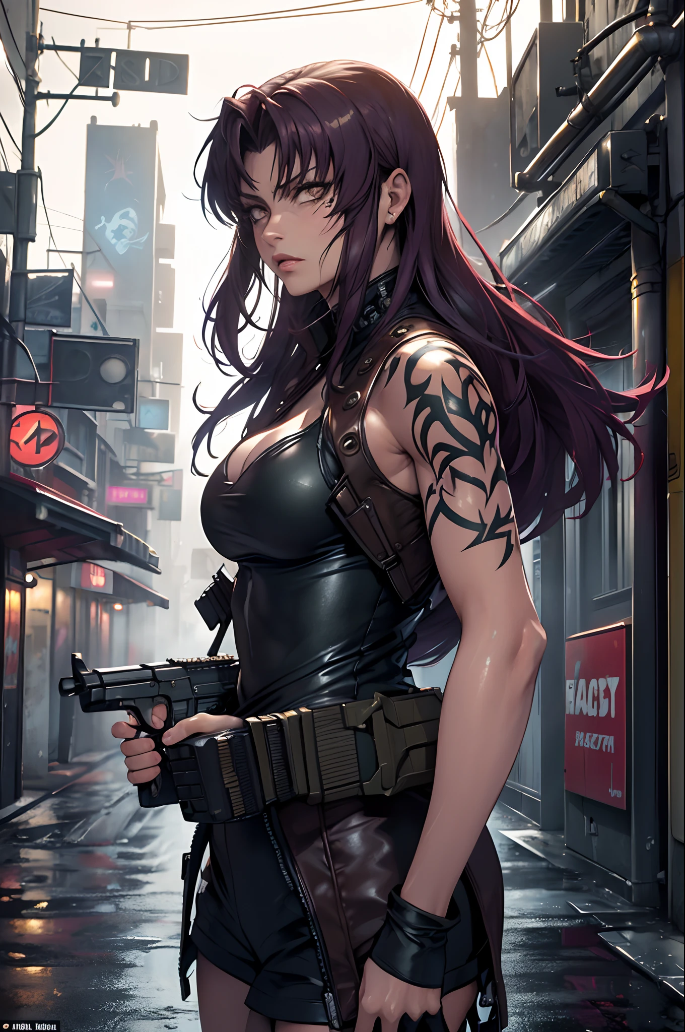 (high quality,realistic),(cyberpunk,sci-fi) ,beautiful girl, Revy from Black Lagoon anime, cleavage, fair skin, long hair, machine arms, holding a pistol (vivid colors,neon lights),(dystopian city,futuristic buildings), (technological devices,advanced technology),(smoke,steam),(dark alleyway,reflective puddles),(rainy night,heavy rainfall),(glowing tattoos, intricate patterns),(street art,murals),(metallic reflections,shimmering surfaces),(intense gaze,expressive eyes),(sharp focus,ultra-detailed), (gritty atmosphere,urban decay)