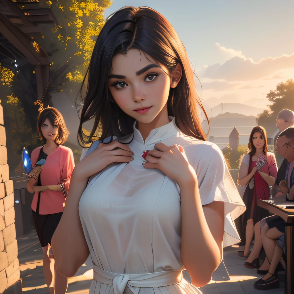 (Extremely detailed 8k wallpaper), (sfw:2), (photo:2), (soigne Beautiful girl:2), (gives a lecture to friends:2), detailed (Face and eyes), (hyper realistic:1), (highly detailed:1), (epic realistic:1), rim light, (maximum details:1), cozy, (fullbody:1), (looking at viewer:2), (Woman's Attractive Qualities:2), (Attractive Woman:2), (Attractive:2), Smile, Intelligence, Empathy, Gracefulness, Sense of Style, Fitness, Grooming, Optimism, (Sensitivity:2), Sincerity, Romantic Gestures, Playfulness, Fashion Sense, (Sensuality:2), Charm, Modesty, Thoughtfulness, (Femininity:1), Flirtatiousness, Warmth, (Physical attractiveness:2), A beautiful smile, A love of life, strength and power, vulnerability, curiosity, wonder, love, (nature background:2), kawaii, waifu, Beautiful breasts, (attractive body:2), (Beautiful body:2), Beautiful pose, attractive pose, (spread legs:1.0), hot pose, provocative pose, (demi-season clothes:1), (sexy black clothes:1), (classic clothes:2), (elegant clothes:2), (European clothes:2)