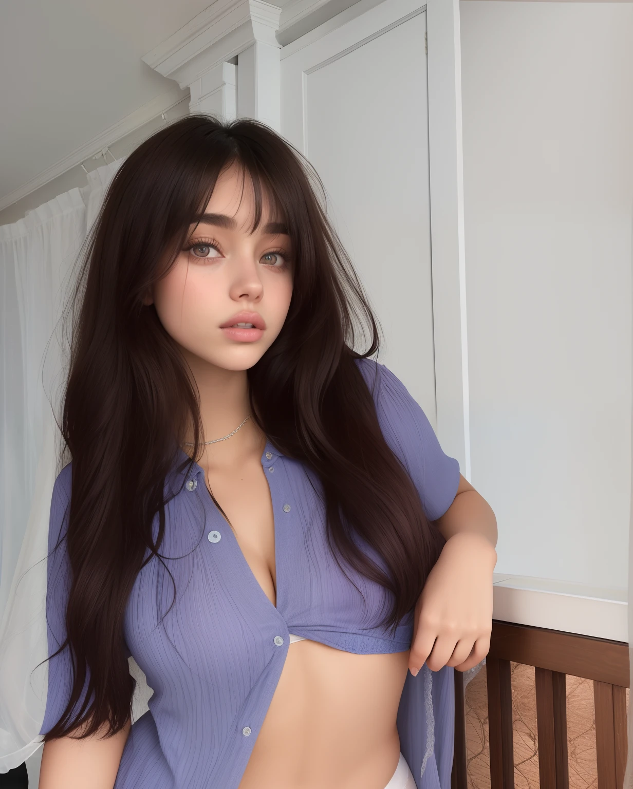 arafed woman in a blue shirt and white panties posing for a picture, violet myers, madison beer, curtain bangs, portrait sophie mudd, center parted curtain bangs, madison beer girl portrait, charli bowater, julia sarda, photo of a model, young woman with long dark hair, long hair with bangs, soft devil queen madison beer