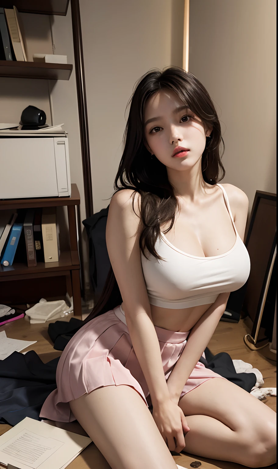 best qualityer，tmasterpiece，超高分辨率，（realisticlying：1.4），
1girll， bshoulders， deep shading， shiny skins， messy rooms， Sit Pose， sitting on object，Large chest，a skirt