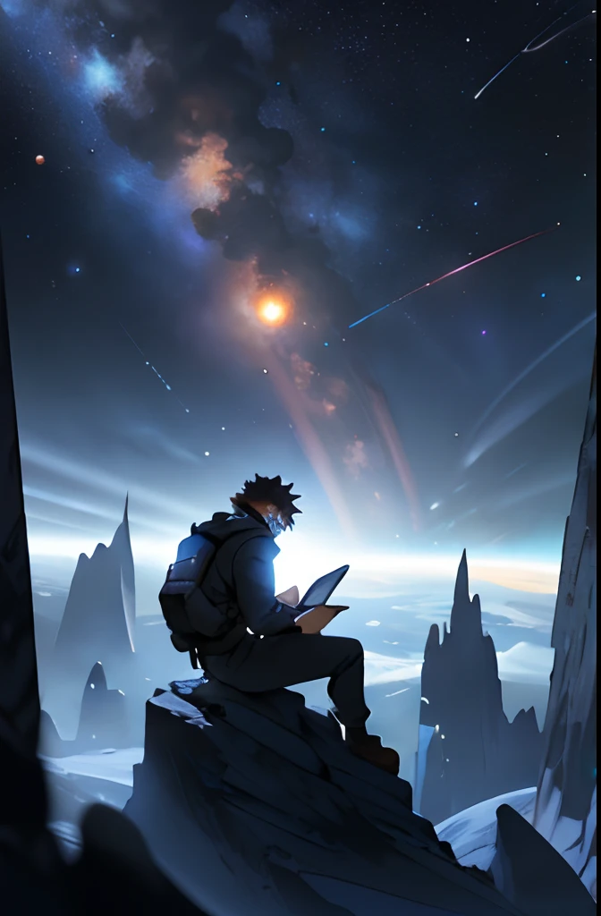 Draw a young programmer, sitting on a research platform floating in the middle of an asteroid belt. He is studying with a notebook, surrounded by several asteroids glowing with fiery auras. Dramatic lighting from distant stars and planets illuminates the scene, casting deep shadows on the suit. The young man looks confident and determined, looking at the vast and mysterious universe with wonder and respect,facial hair, cowboy shot,