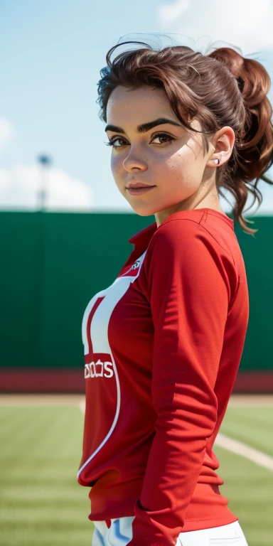 Photo of a -yeld Euean girl, .RAW, beautiful woman , muchas pecas en mejillas , ojos azules (Light brown hair ponytail), Light brown hair ponytail ,((retrato)), ((Cara detallada:1.2)), ((Detailed facial features)), (Piel finamente detallada), Pale skin,parque, Noria de Londres、uniforme deportivo color blanco con rojo , camisa de manga larga color blanca con mangas rojas , senos medianos ,shorts ajustados color rojo , calzado deportivo blanco、Un sexy(cool color), humid, humid, Reflectores, (Masutepiece) (proporciones perfectas)(fotos realistas)(La mejor calidad) (Detallado) fotografiado con una EOS R5 de Canon, Lente de 50 mm, f/2.8, NffSW, (8k) (papel tapiz) (cinematic lighting) (Dramatic lighting) (foco nítido) (Enrevesado) ,gran sonrisa , bate de baseball , campo deportivo, caminando
