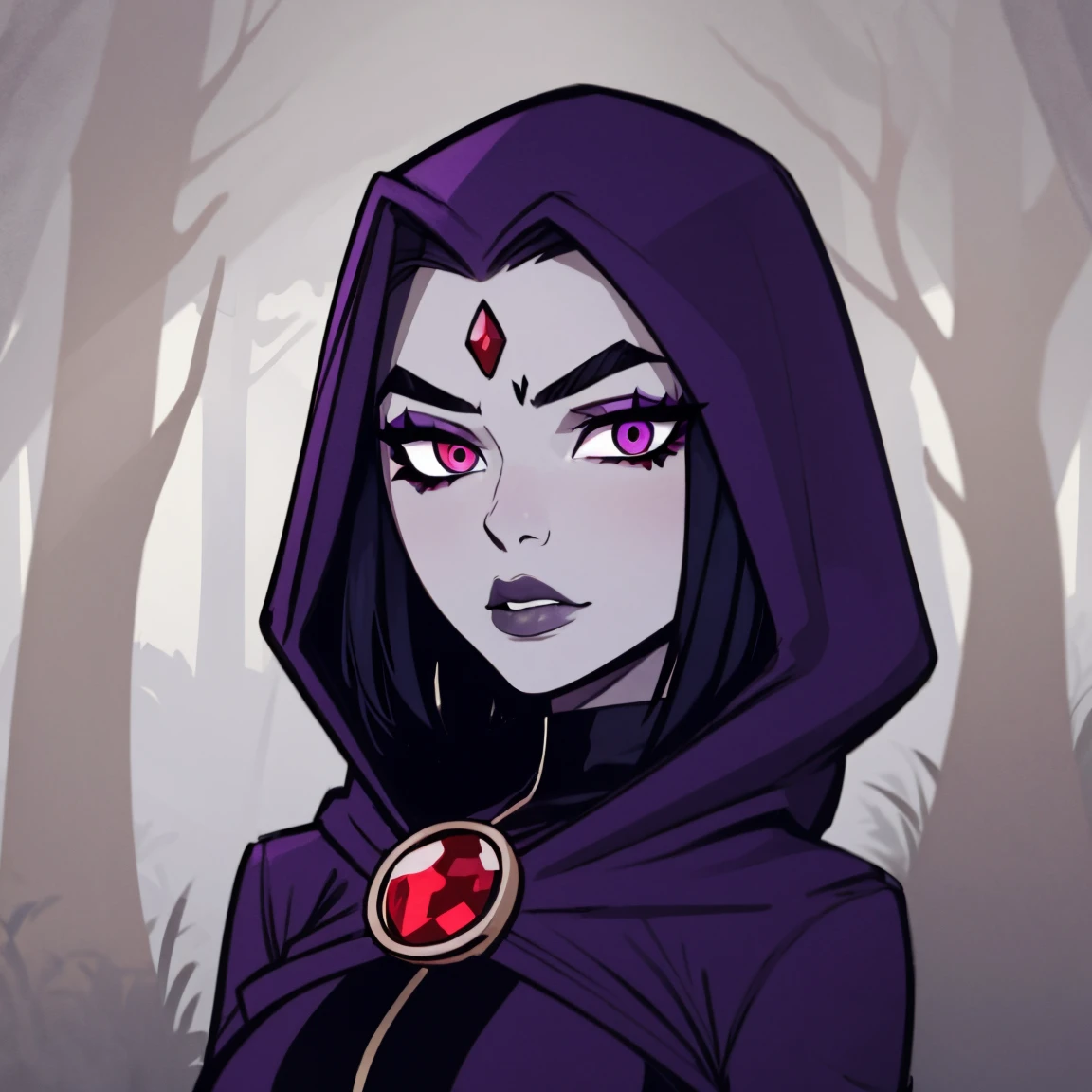 Raven fully body, (One woman) teen titans, hooded, goth girl, autumn forest background, detailed, detailed, detailed, beautiful, detail, goth girl, masterpiece, purple clothes, red jewel centre head, dark night background, gothic, goth, goth, detailed, goth girl, piercings, detailed face, looking viewer, raven, (Dark eye shadow) dark eye shadow, black eye shadow,
