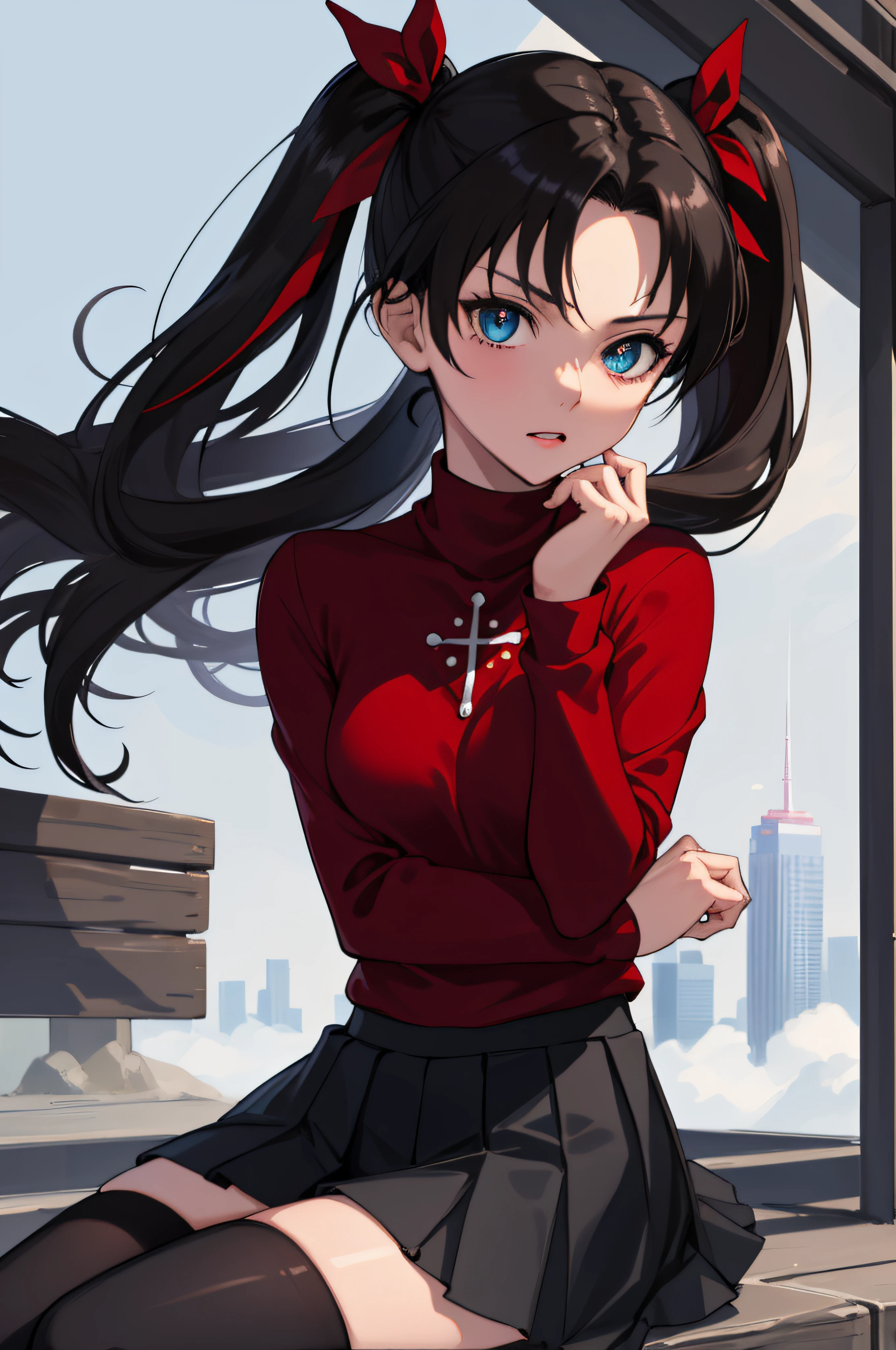 (masterpiece), best quality, expressive eyes, perfect face, 1girl, solo, rintohsaka, rin tohsaka, aqua eyes, black hair, hair ribbon, long hair, ribbon, sidelocks, two side up, black skirt, black thighhighs, long sleeves, miniskirt, pleated skirt, ((red sweater)), skirt, sweater, thighhighs, turtleneck, city background, sitting, character sheet, upper body, portrait, looking at viewer