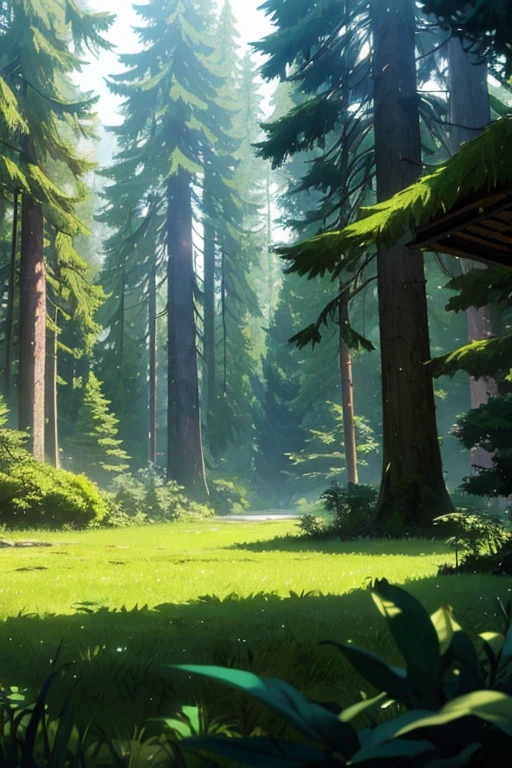 anime background art, clean lines, intricate details, serene, empty, high quality, raytracing video game, empty forest, overgrown, grassy ground, neutral plants, pine trees, vibrant, dense with trees, leaves on the ground, pretty, landscape wallpaper, deep forest, untouched nature, dense greenery, Wide Shot (WS)