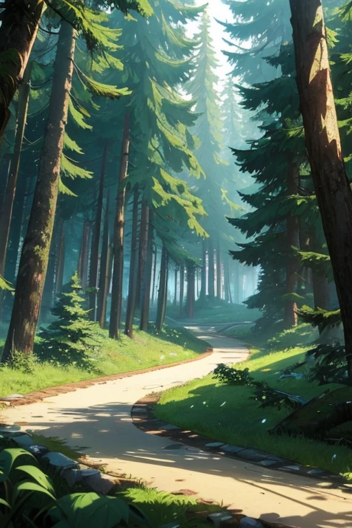 anime background art, clean lines, intricate details, serene, empty, high quality, raytracing video game, empty forest, overgrown, grassy ground, neutral plants, pine trees, vibrant, dense with trees, leaves on the ground, pretty, landscape wallpaper, deep forest, untouched nature, dense greenery, Wide Shot (WS)