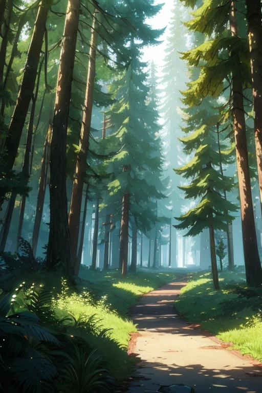 anime background art, clean lines, intricate details, serene, empty, high quality, raytracing video game, empty forest, overgrown, grassy ground, neutral plants, pine trees, vibrant, dense with trees, leaves on the ground, pretty, landscape wallpaper, deep forest, untouched nature, dense greenery, Wide Shot (WS)