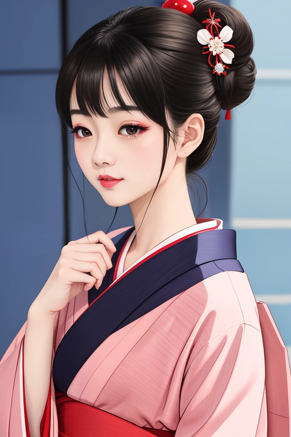((Big、a small face、No exposure))、top-quality、masterpiece、(Bun hair Black hair、Ponytail hair)、Brown eyes、⦅From the buttocks up is the whole body、Diagonally horizontal⦆、(4In K、masterpiece、hight resolution、Realistic and beautiful light and shadow、One girl、Solo Focus、(top-quality)、(Hi-Res)、(extremely delicate and beautiful)、(Beautiful 8k face)、(I close my eyes while smiling.)、(独奏)、(Clear skin)、(Soft hair)、(7headed body)、(Japanese style yukata kimono with red and pink checkered pattern isolated on white background、Beautiful girl in Japan wearing yukata)、((Hair in a bun))、((Tanabata decoration background))、((a small face))、(reality)、thin and small nose、(red lipsticks)、(Reddening cheeks)、(Lustrous skin)、((Ukiyo-e style))、Ultra-thin eyebrows、Ultra high image quality、(Wearing maiko-style makeup)、skin whitening、long and beautiful lashes、Lustrous skin that changes like a model in a Kyoto magazine、(Red-dyed cheeks),Nasal muscle