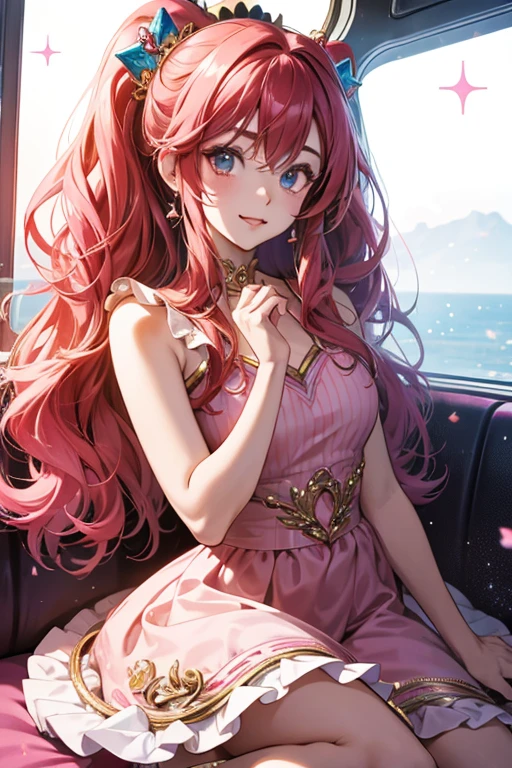 A cute anime character with red hair and wearing a white dress sitting on a white surface, Rei Hino as a princess, official art, ( ( ( Yoshinari Yoh ) ) ), ma also kitagawa fanart, anime moe art style, beautiful flower crown, official anime still, adorable anime waifu in a lovely dress, (best quality, 4k, 8k, highres, masterpiece:1.2), ultra-detailed, (realistic, photorealistic, photo-realistic:1.37), portraits, vivid colors, soft lighting.