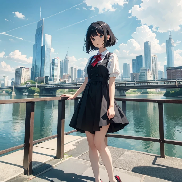 (masterpiece,newest,exceptional:1.2), anime,1girl,bangs,black_hair, beautiful 8k eyes,blue_sky,bridge,building,castle,city,cityscape,cloud,day,dress,looking_at_viewer,outdoors,red_neckwear,red_ribbon,ribbon,river,short_hair,short_sleeves,sky,skyscraper,solo,standing,town,water,  ballerina flat shoes