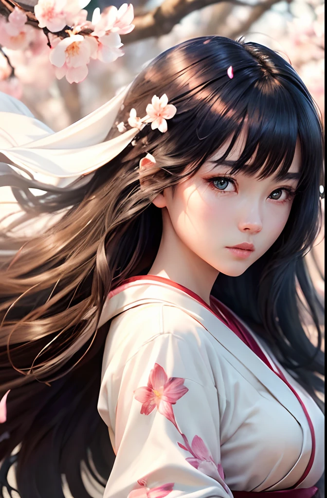 (A logo、masterpiece、8K、masutepiece、Raw photo、Fantastic、Best Quality、Photorealistic、extremely detailed CG unified 8k wallpaper、hightquality、ighly detailed、epic poem、Particle effect、Dynamic effects、depth of fields、Cinematic Light、Lens Flare、Ray tracing)、Fantasia、 (1 beautiful woman in a white coat、robe blanche、Japanese dress、A dark-haired、Beautiful face、Real Face、Beautiful detail eyes、Beautiful skin)、Hair flutters in the wind、Hair jumps、Pink cherry blossom tree、Petals flutter、Sakura blizzard、Superb view、morning glow、Sun in the background、the wind、Deities、tusk、myth、Vast Land、