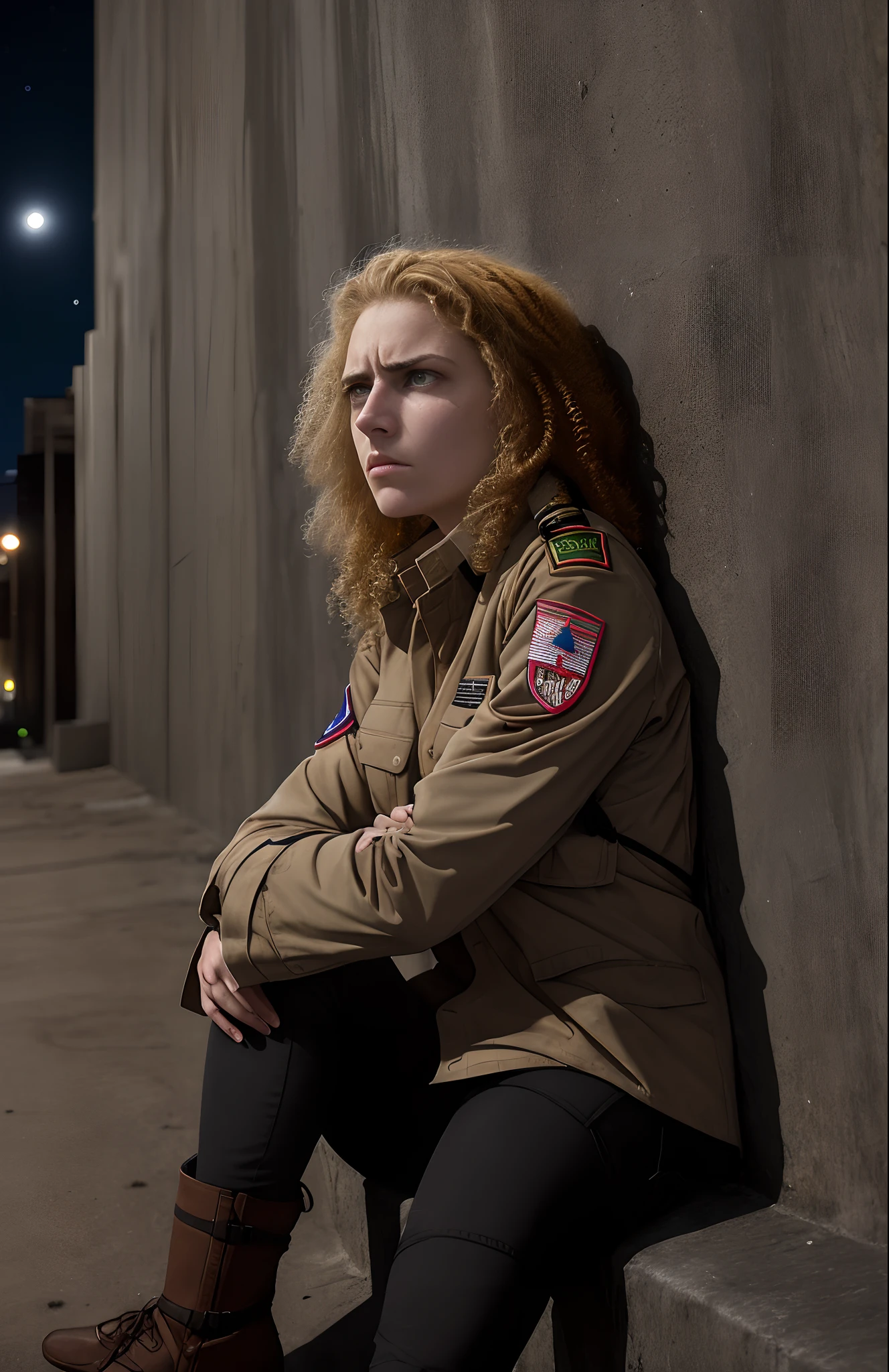 A 16 year old girl in the Attack on Titan WIT style. She is wearing the scout corps clothing . She has brown/green eyes and long dirty blonde curly hair. She is sitting on top of the wall and it is nighttime. People are behind her talking and she looks empty inside. Her eyes have no shine and she looks extremely frustrated with herself.