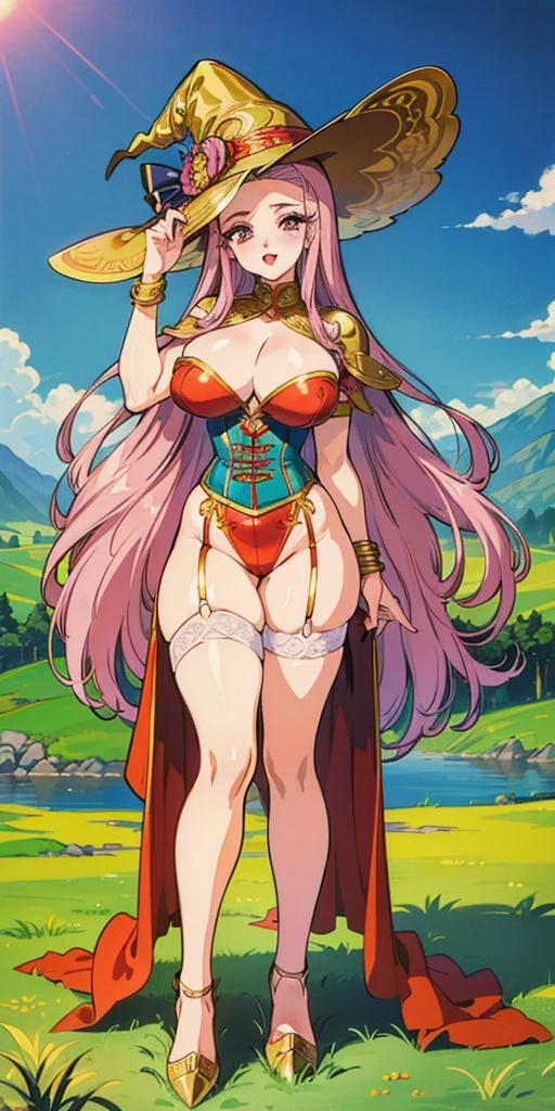 "(masterpiece:1.1), best quality,
1girl, (80s anime style:1.4), (eyelashes:1.5),
(intricate high detailed body:1.2),
pink hair,
(forehead, hair slicked back:1.2), (long hair:1.1), (witch hat:1.2),
red eyes, (red lip stick, eye shadow:1.1),
(curvy body:1.2), (huge breasts:1.1),
happy, smile, open mouth,
(golden embroidery leotard armor, corset:1.2), (garter belt:1.2),
(fur:1.1), (jewelry:1.1), bracelet,
standing, peace,
(full body:1.1),
(grassland, outdoors:1.2)"