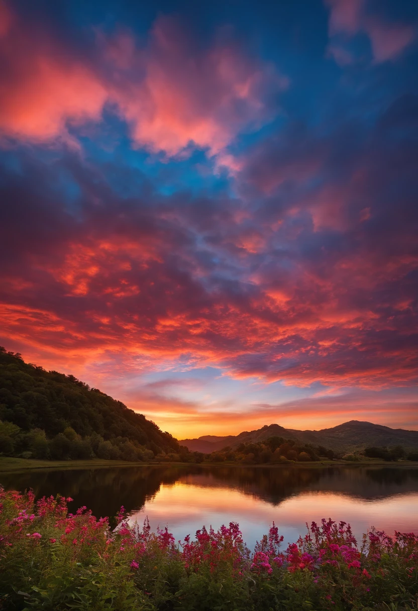 There were beautiful sunsets, The hillside is full of flowers and plants, Flowers are close at hand, colorfull sky, Surreal colors, colorful sunset, colorfull sky, Marvelous sky reflection, stunning skies, dream like atmosphere 8k, Colorful clouds, Reflection of colors on the lake, surreal sky, Red and blue reflections, Flame reflection, beautiful sky, beautiful and spectacular dusk, Beautiful dreamy scenery, stunning skies