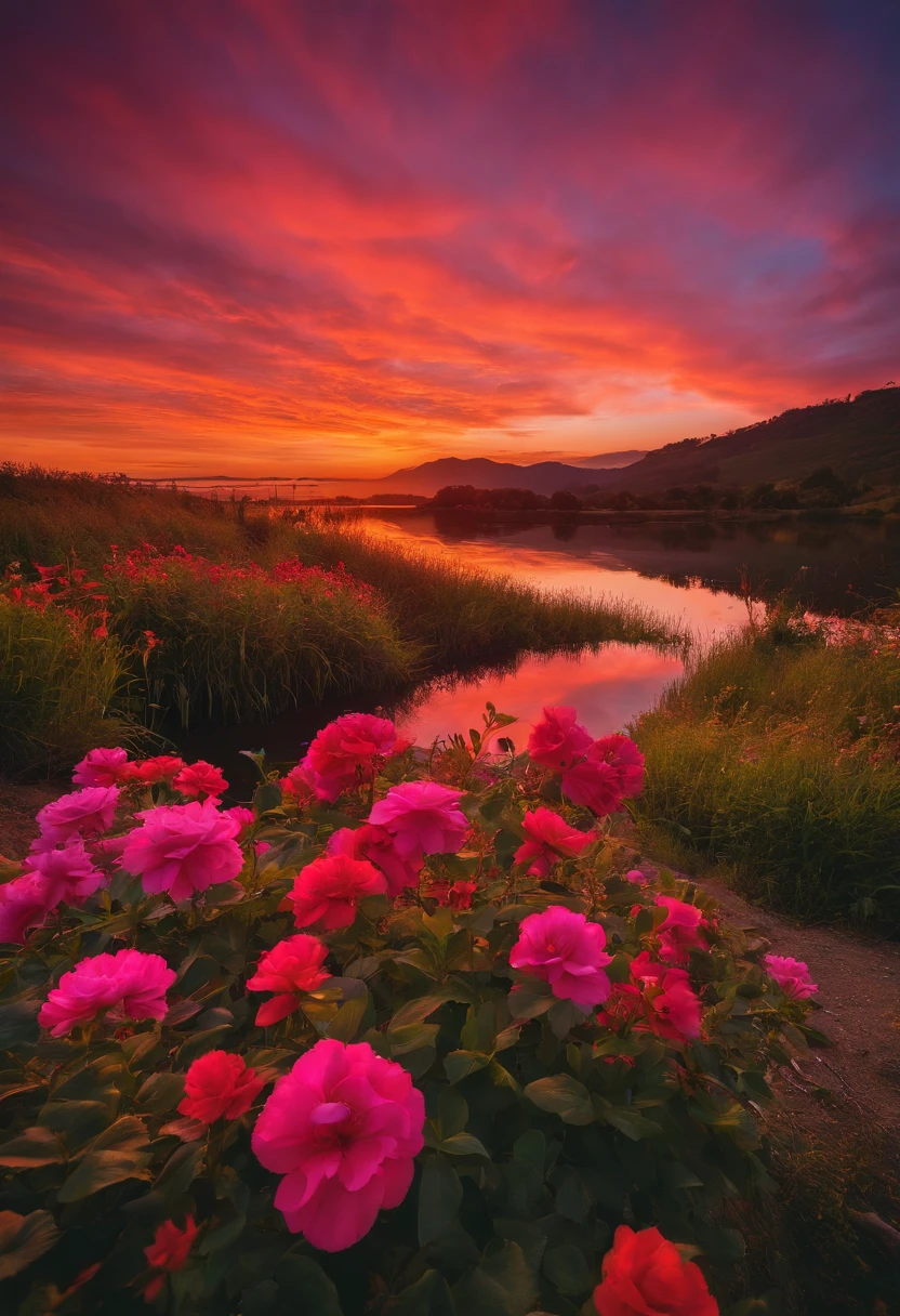 There were beautiful sunsets, The hillside is full of flowers and plants, Flowers are close at hand, colorfull sky, Surreal colors, colorful sunset, colorfull sky, Marvelous sky reflection, stunning skies, dream like atmosphere 8k, Colorful clouds, Reflection of colors on the lake, surreal sky, Red and blue reflections, Flame reflection, beautiful sky, beautiful and spectacular dusk, Beautiful dreamy scenery, stunning skies