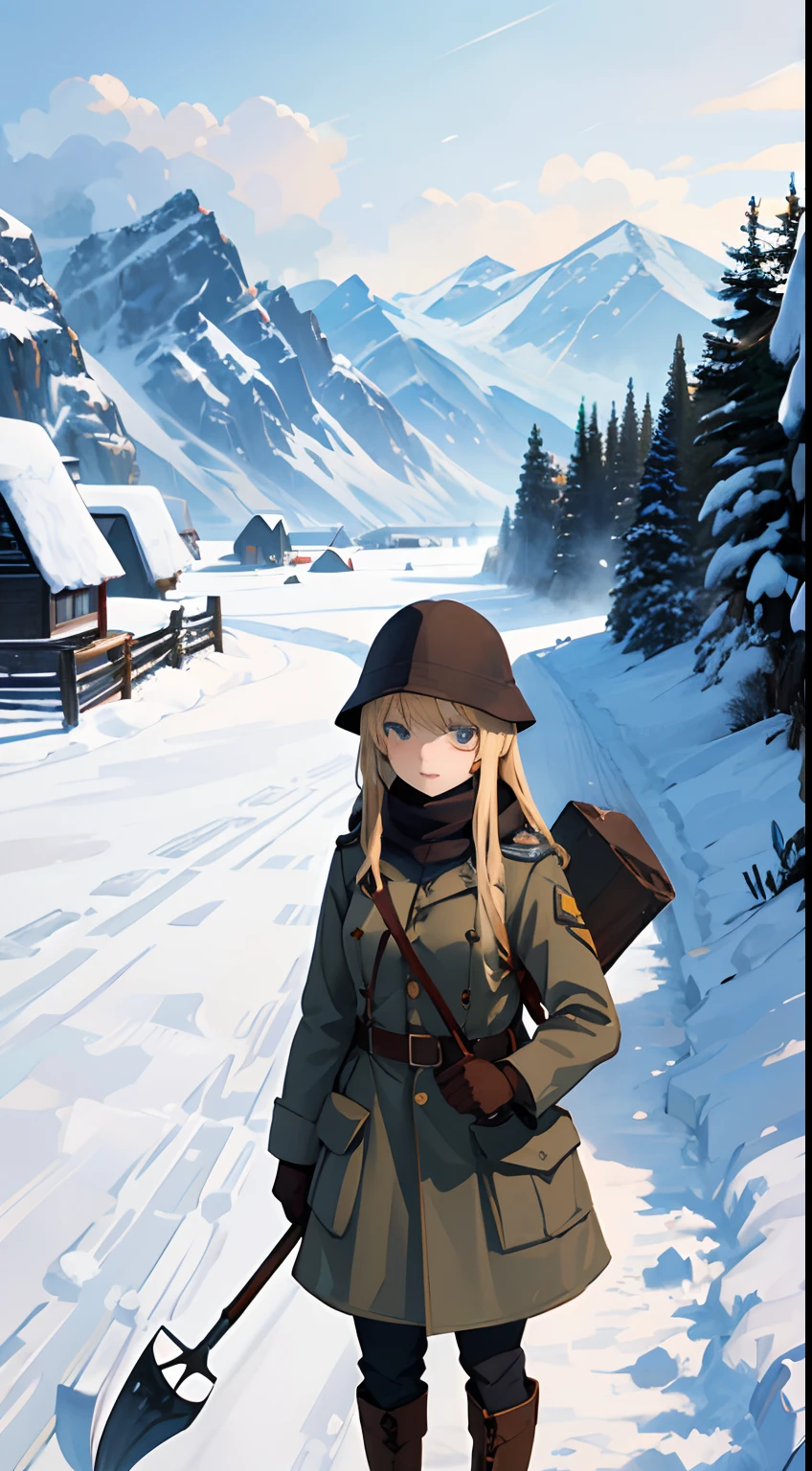 trench warfare, WW1, {{2 girls}}, blond, in snow mountain, fjord, ushanka, winter coat, BDU, 1 girl holding civil engineering shovel, (best quality, perfect quality), high resolution, looking afar