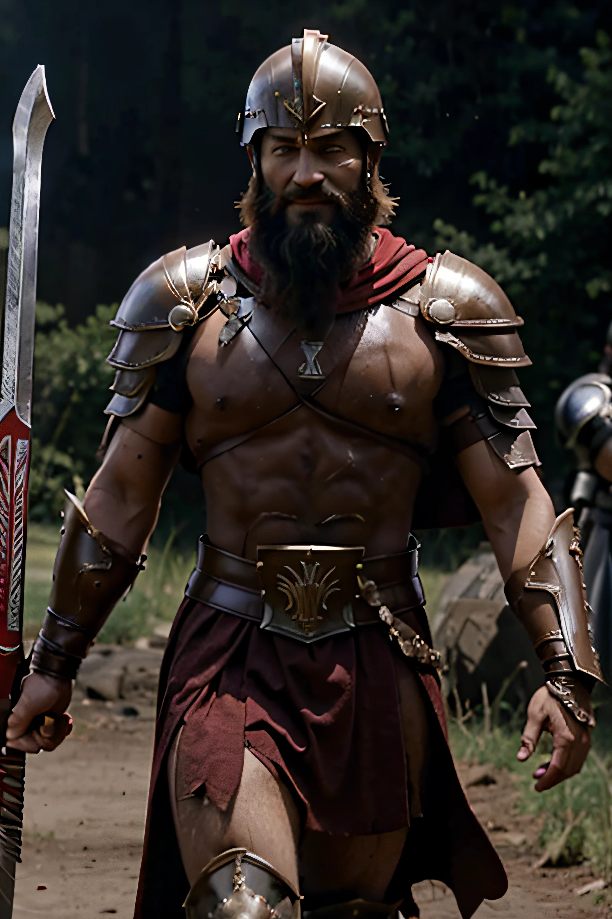 Arafed Spartan in red cape and helmet with black background, Eespartan warrior, Smiling Eespartan, Spartan, Bearded Leonidas, Dressed in Eespartan armor, Leading the Eespartan into battle, 300 the movie, Eespartan rage, in screenshot from the movie 300, Espartan armor, Ancient soldier, Ares, Ares with heavy armor and sword