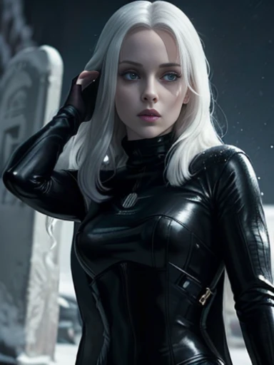 (((selene))), pale skin, tight black cloak, grey eyes, dynamic pose, long hair, straight hair, long bob, (((black hair))), white skin, pale, white, cemetery, moonlight, leather turtleneck, snow, long bob hairstyle, swept bangs, (best quality, 8k, masterpiece:1.2, ultra-detailed, realistic, photorealistic)