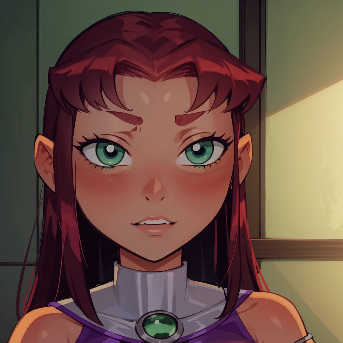 Starfire, dark green eyes, reddish hair, green pupils