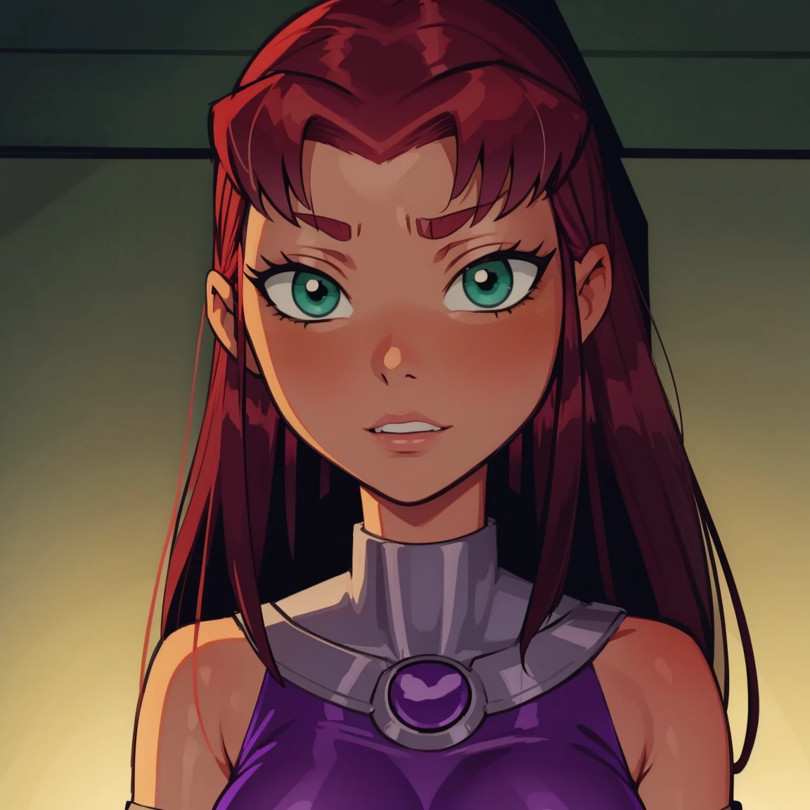 Starfire, dark green eyes, reddish hair, green pupils