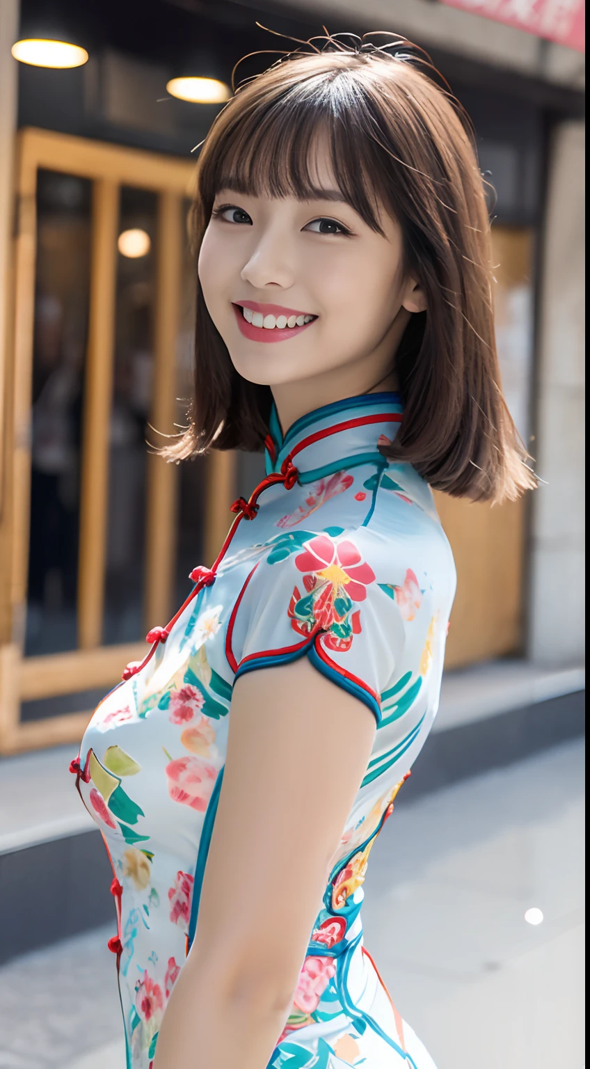 (masterpiece, a gorgeous lady, age 18, wearing Sky-blue traditional Qipao, relaxing, overlooking Swiss Alps, cool morning with Sun Rise, dimpled smile, short bob hair, ponytail, cute snaggleteeth, well-endowed round bosom, smooth porcelain skin, detailed face, beautiful detailed eyes, photorealistic, hyper-realism, high contrast, ultra HD, realistic skin texture, top image quality, top-quality, super high resolution, fine details, very meticulously, bokeh background, head to thigh, hip focus)