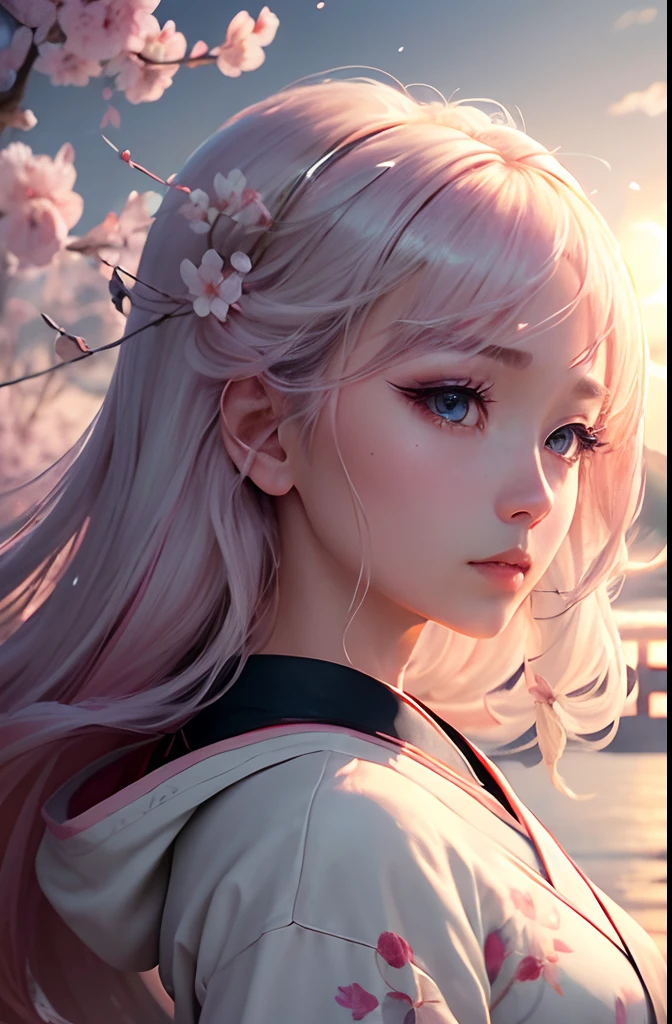 (A logo、masterpiece、8K、masutepiece、Raw photo、Fantastic、Best Quality、Photorealistic、extremely detailed CG unified 8k wallpaper、hightquality、ighly detailed、epic poem、Particle effect、Dynamic effects、depth of fields、Cinematic Light、Lens Flare、Ray tracing)、Fantasia、(1 beautiful woman in a white coat、robe blanche、Japanese dress、Beautiful face、Real Face、Beautiful detail eyes、Beautiful skin)、Hair flutters in the wind、Hair jumps、Pink cherry blossom tree、Petals flutter、Sakura blizzard、Superb view、morning glow、Sun in the background、the wind、Deities、tusk、myth、Vast Land、