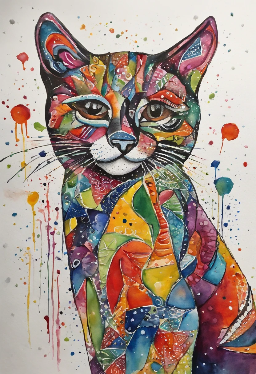 grafismo, diverse and playful geometric figures, Rainbow, romero britto, salvador dali, A domestic feline animal with thought running through his fingers and the confusion of memory ((fundo branco e preto)), face do gato, o rabo do gato, contrastes exacerbados, olhos penetrantes, colorida e alegre, Dull and sad, Art Watercolor Painting Oil Paint, abstrato, epic instagram, art-station, toque de estilo splash de tinta colorida+, contorno, hiperdetalhado intricadamente detalhado, genial, detalhes intrincados, tela inicial, cores complementares, conceito realista abstrato romero britto de arte, 8K, obra-prima do deviantart, oil-painting, pinceladas pesadas, pingos de tinta, artes de salpicos.