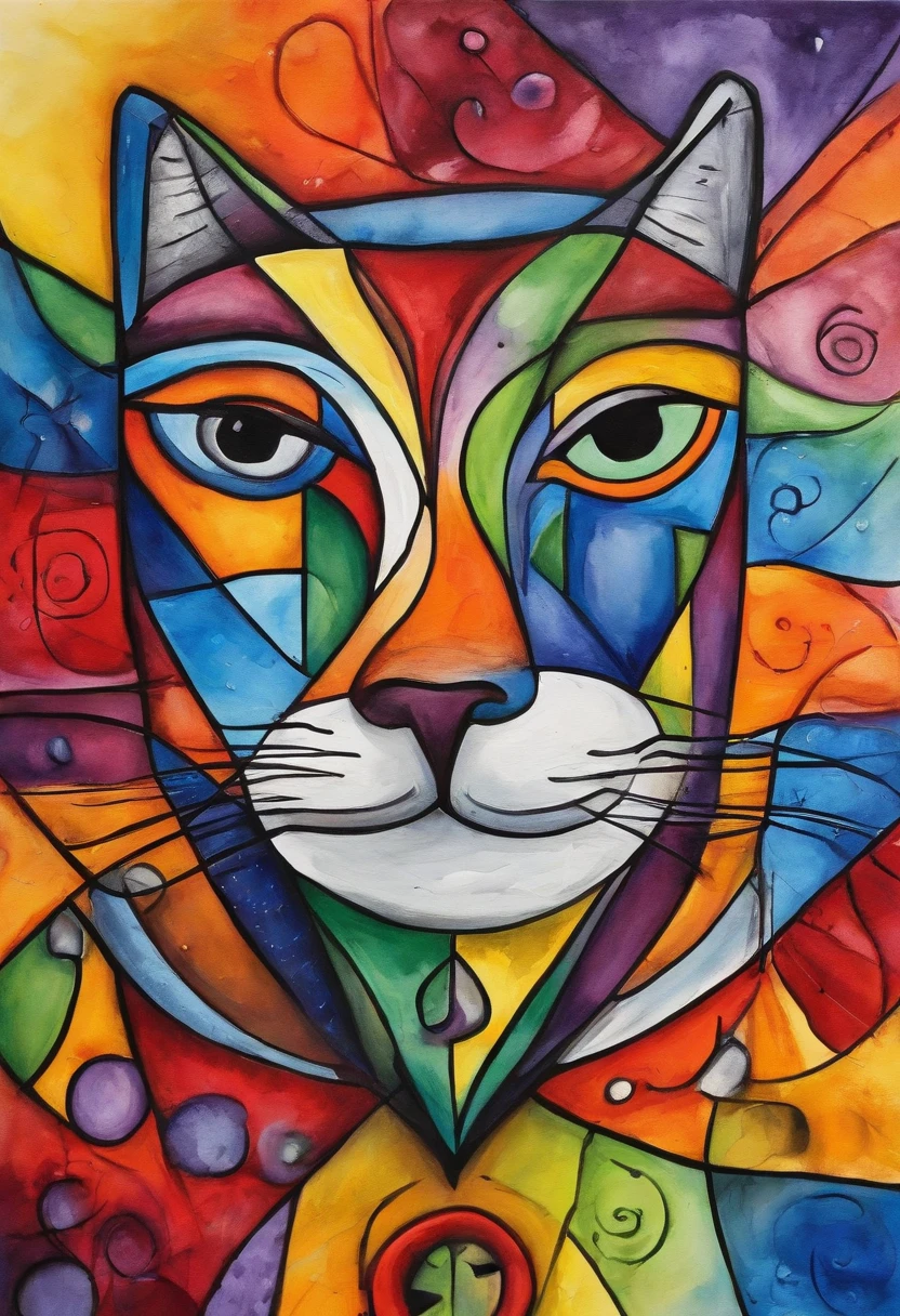 grafismo, diverse and playful geometric figures, Rainbow, romero britto, salvador dali, A domestic feline animal with thought running through his fingers and the confusion of memory ((fundo branco e preto)), face do gato, o rabo do gato, contrastes exacerbados, olhos penetrantes, colorida e alegre, Dull and sad, Art Watercolor Painting Oil Paint, abstrato, epic instagram, art-station, toque de estilo splash de tinta colorida+, contorno, hiperdetalhado intricadamente detalhado, genial, detalhes intrincados, tela inicial, cores complementares, conceito realista abstrato romero britto de arte, 8K, obra-prima do deviantart, oil-painting, pinceladas pesadas, pingos de tinta, artes de salpicos.