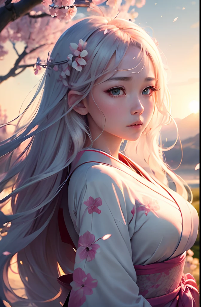 (A logo、​masterpiece、8K、masutepiece、Raw photo、Fantastic、Best Quality、Photorealistic、extremely detailed CG unified 8k wallpaper、hightquality、ighly detailed、epic poem、Particle effect、Dynamic effects、depth of fields、Cinematic Light、Lens Flare、Ray tracing)、Fantasia、(1 beautiful woman in a white coat、robe blanche、Japanese dress、Beautiful face、Real Face、Beautiful detail eyes、Beautiful skin)、Hair flutters in the wind、Hair jumps、Pink cherry blossom tree、Petals flutter、Sakura blizzard、Superb view、morning glow、Sun in the background、the wind、Deities、tusk、myth、Vast Land、