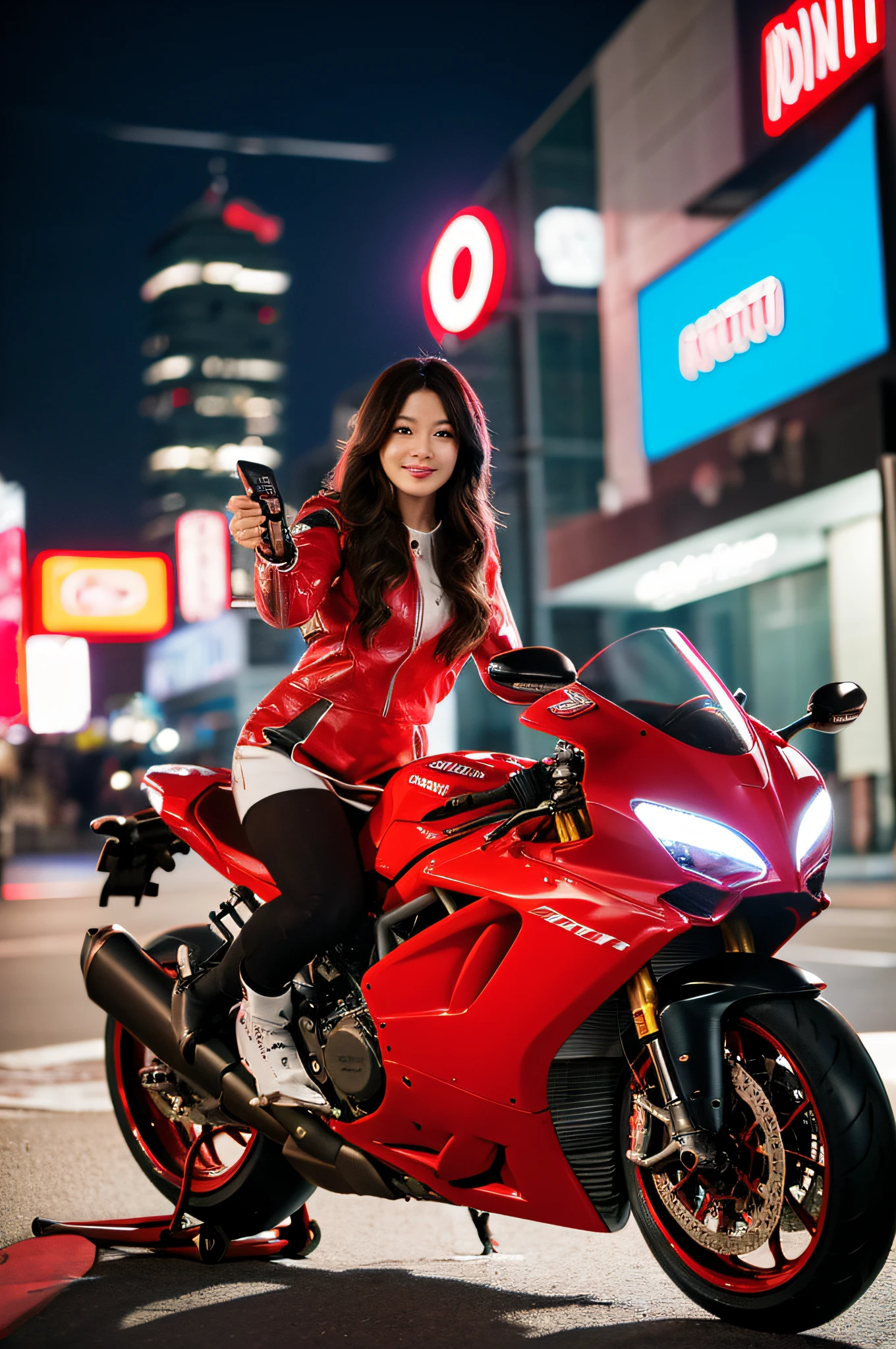 hight resolution、high-level image quality、in 8K、Real live-action、Raw photography、top-quality、masterpiece、masutepiece、(Soft Saturation:1)、(depth of fields:1.2)、(Ray traching:1.2)、landscapes、natta、optic、The background is a sci-fi style night view、heavy wind、Big red motorcycle speeding through the city at night、Young woman in red dress sitting on a big red motorcycle, Beautiful face、(Red Skin Jacket:1.2)、(Red short skirt:1.3)、white knee highs、Red boots、perfect hand、perfect foot、perfect ankles、Perfect toes、Perfect Heel:1.3、((Grab the controller:1.2))、Sitting on the Ducati Panigale V4, Wearing a red sci-fi style full-face helmet, full face helmet:1.2、Riding the Ducati Panigale V4, Sci-fi style bikes, Sci-fi style bikes, Ducati Panigale V4 Motorcycle Rider, How to ride the Ducati Panigale V4, picture of a female biker, motorbike,Motorcycle displacement: Ducati Panigale V4 Details、quick, High-speed shooting, up close shot,motion-blur、