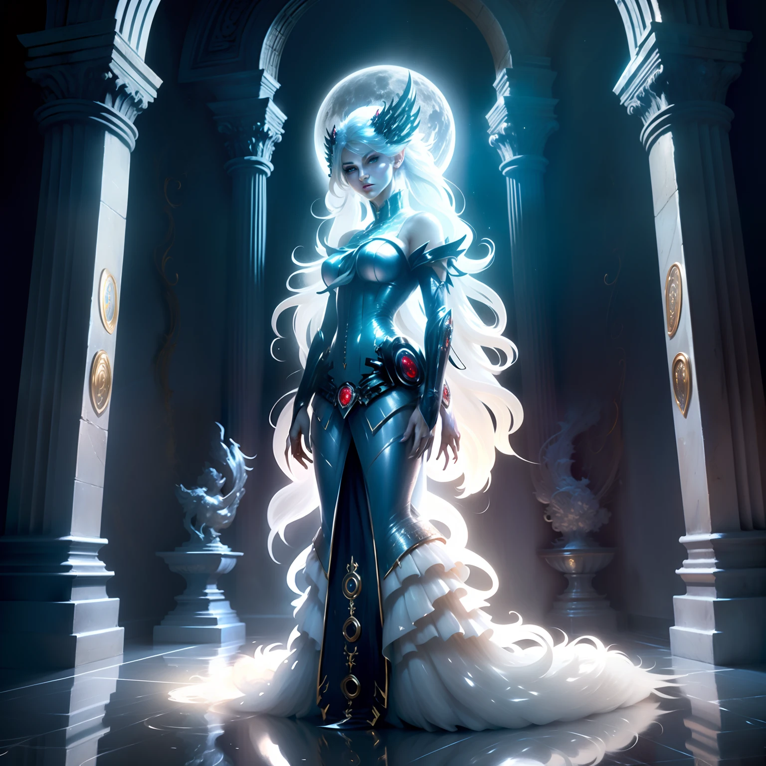 Incredibly detailed photograph of a beautiful vampire alien woman, Renacimiento, Pelo largo y blanco, intrincados ojos blancos, genial, ethereal, hiperdetalhado, 32k resolution, dynamic lighting, ombligo cubierto, hiper detallado, Intrinsically detailed, tendencias en Artstation, Traje de lujo blanco, volumetric illumination, BalenciagaStyle, De pie de cuerpo entero frente al castillo a la luz de la luna