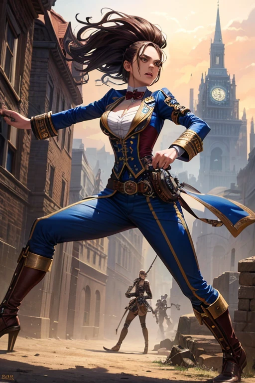 Arte em cores estilo Alex Horley, General Athletic Lined Woman Steampunk, trajando farda Azul, Dynamic shouting orders, Steampunk war scenario, Ultra HD images definition 3840x2160.