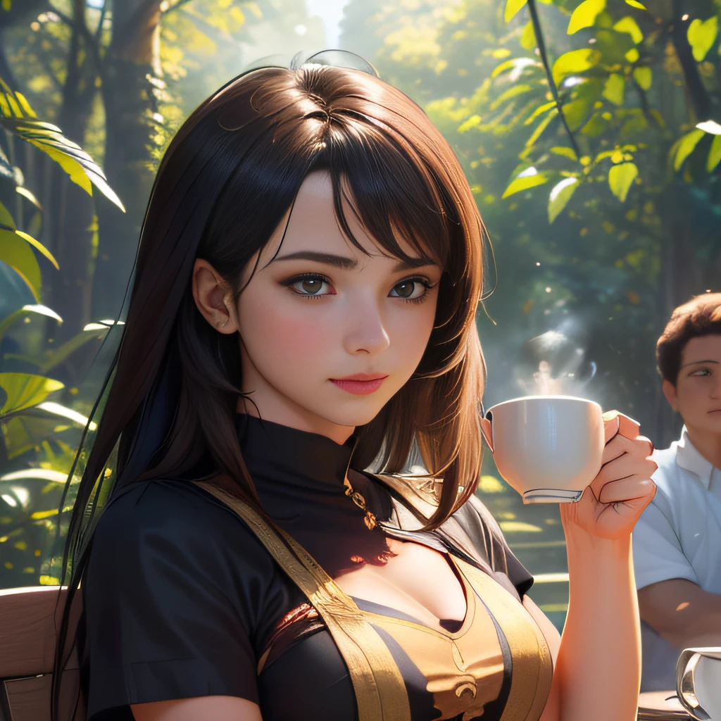 (extremely detailed 8K wallpaper), (SFW:2), (photo:2), (Dressed girl:2), (Neat beautiful girl:2), (with a cup of hot tea in his hands:2), (gives a lecture to friends:2), (hyper realistic:1), (Highly detailed:1), (Epic Realistic:1), rim light, (Maximum details:1), Cosy, (body complet:1), (looking a viewer:2), (Attractive qualities of a woman:2), (attractive female:2), (Attractive:2), Smile, intelligence, sympathy, Grace, A sense of style, Fitness, Care, optimism, (sensitivity:2), frankness, Romantic gestures, playfulness, Fashion Sense, (sensuality:2), charm, modesty, Thoughtfulness, (femininity:1), flirtatiousness, warmth, (Physical Attractiveness:2), beautiful smile, Love of Life, Strength and power, Vulnerability, curiosity, wonder, Love, (Nature's prehistory:2), Kawaii, waifu, beautiful breasts, (attractive body:2), (handsome body:2), BEAUTIFUL POSE, attractive pose, (Spread legs:1.0), Hot Pose, provocative pose, (Demi-season clothing:2), (sexy black clothes:), (Classic clothes:2), elegant clothing