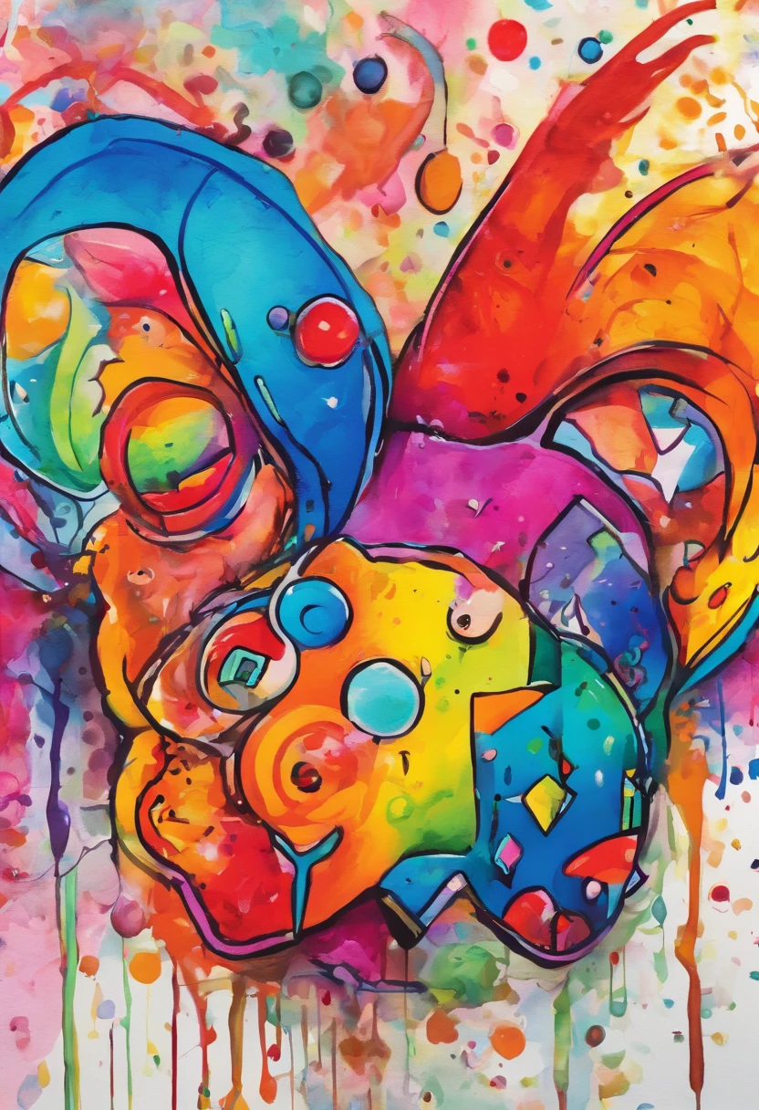 grafismo, diverse and playful geometric figures, Rainbow, romero britto, salvador dali, A domestic feline animal with thought running through his fingers and the confusion of memory ((fundo branco e preto)), face do gato, o rabo do gato, contrastes exacerbados, olhos penetrantes, colorida e alegre, Dull and sad, Art Watercolor Painting Oil Paint, abstrato, epic instagram, art-station, toque de estilo splash de tinta colorida+, contorno, hiperdetalhado intricadamente detalhado, genial, detalhes intrincados, tela inicial, cores complementares, conceito realista abstrato romero britto de arte, 8K, obra-prima do deviantart, oil-painting, pinceladas pesadas, pingos de tinta, artes de salpicos.