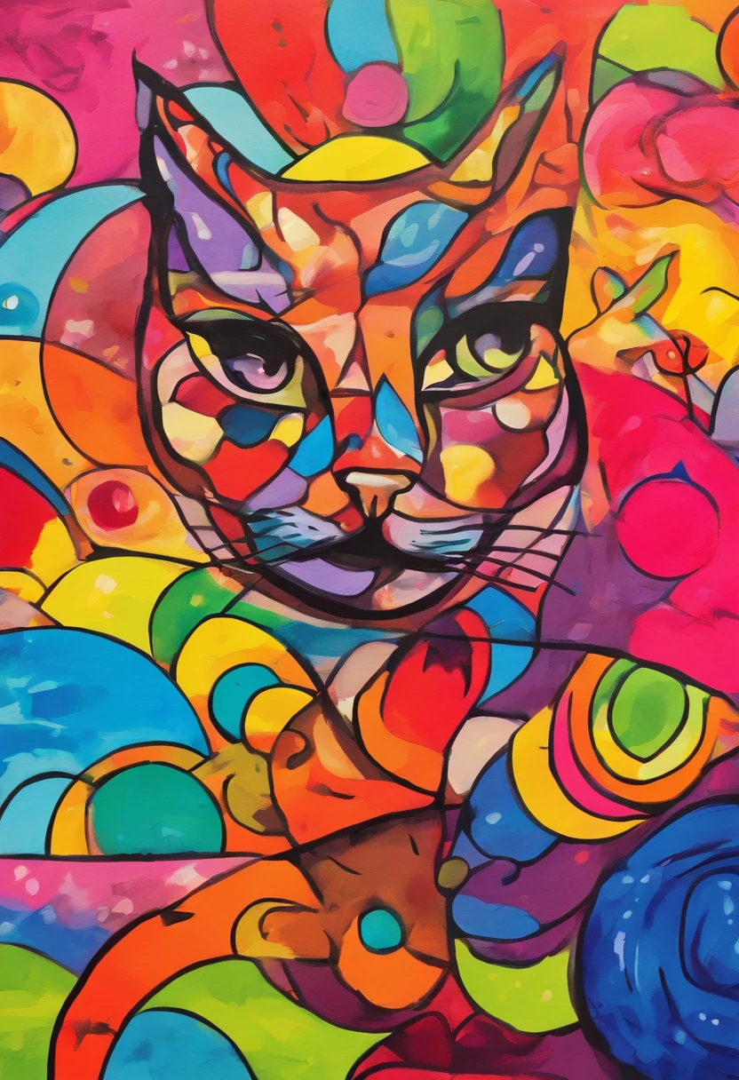grafismo, diverse and playful geometric figures, Rainbow, romero britto, salvador dali, A domestic feline animal with thought running through his fingers and the confusion of memory ((fundo branco e preto)), face do gato, o rabo do gato, contrastes exacerbados, olhos penetrantes, colorida e alegre, Dull and sad, Art Watercolor Painting Oil Paint, abstrato, epic instagram, art-station, toque de estilo splash de tinta colorida+, contorno, hiperdetalhado intricadamente detalhado, genial, detalhes intrincados, tela inicial, cores complementares, conceito realista abstrato romero britto de arte, 8K, obra-prima do deviantart, oil-painting, pinceladas pesadas, pingos de tinta, artes de salpicos.