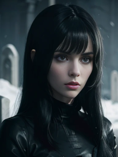 (((selene))), pale skin, tight black cloak, grey eyes, dynamic pose, asymmetrical bangs, long hair, straight hair, long bob, (((black hair))), white skin, pale, white, cemetery, moonlight, leather turtleneck, snow, long bob hairstyle, swept bangs, (best quality, 8k, masterpiece:1.2, ultra-detailed, realistic, photorealistic)