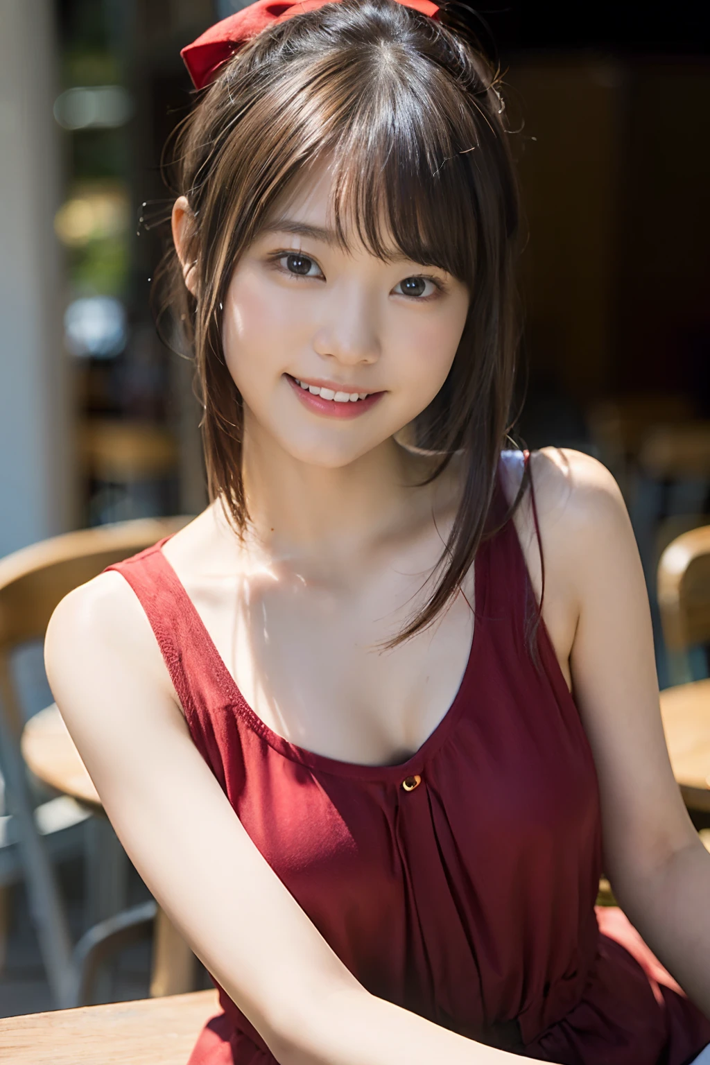 (8K、Raw photography、top-quality、​masterpiece:1.2)、(realisitic、Photorealsitic:1.37)、ultra-detailliert、超A high resolution、女の子1人、see the beholder、beautifull detailed face、A smile、Constriction、(Slim waist) :1.3)、Beautiful detailed skin、Skin Texture、Straight hair、Professional Lighting、(Whole human body)、Short hair、a blond、hi-school girl、School Grounds、Small breasts、Bob Hair、Happy smile、perspiring、(Armpit)、red bowtie、(Sitting table:1.2)、(Facing the front)、(Spread legs:1.2)、(Low ponytail:1.1),Exposed ,(fullnude), Uncensored,