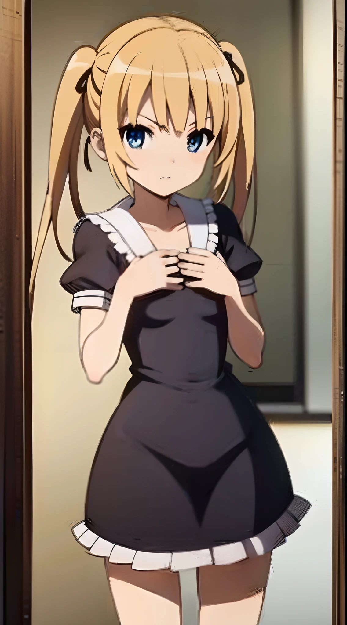 solo,Bright blonde hair,((Thin and long twin tails located high)),blunt bangs,hairs between eyes,Beautiful blue eyes,Thin eyebrows,de pele branca,Smaller chest,standard height,looking at viewer