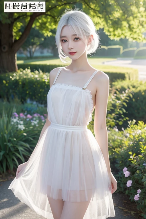 Masterpiece, superlative, Spring dress, White hair, En plein air, MagazineCover, short transparent dress,, Suspenders, Light and tulle, small-sized buttocks, Thin waist, Smooth, soft and delicate skin
